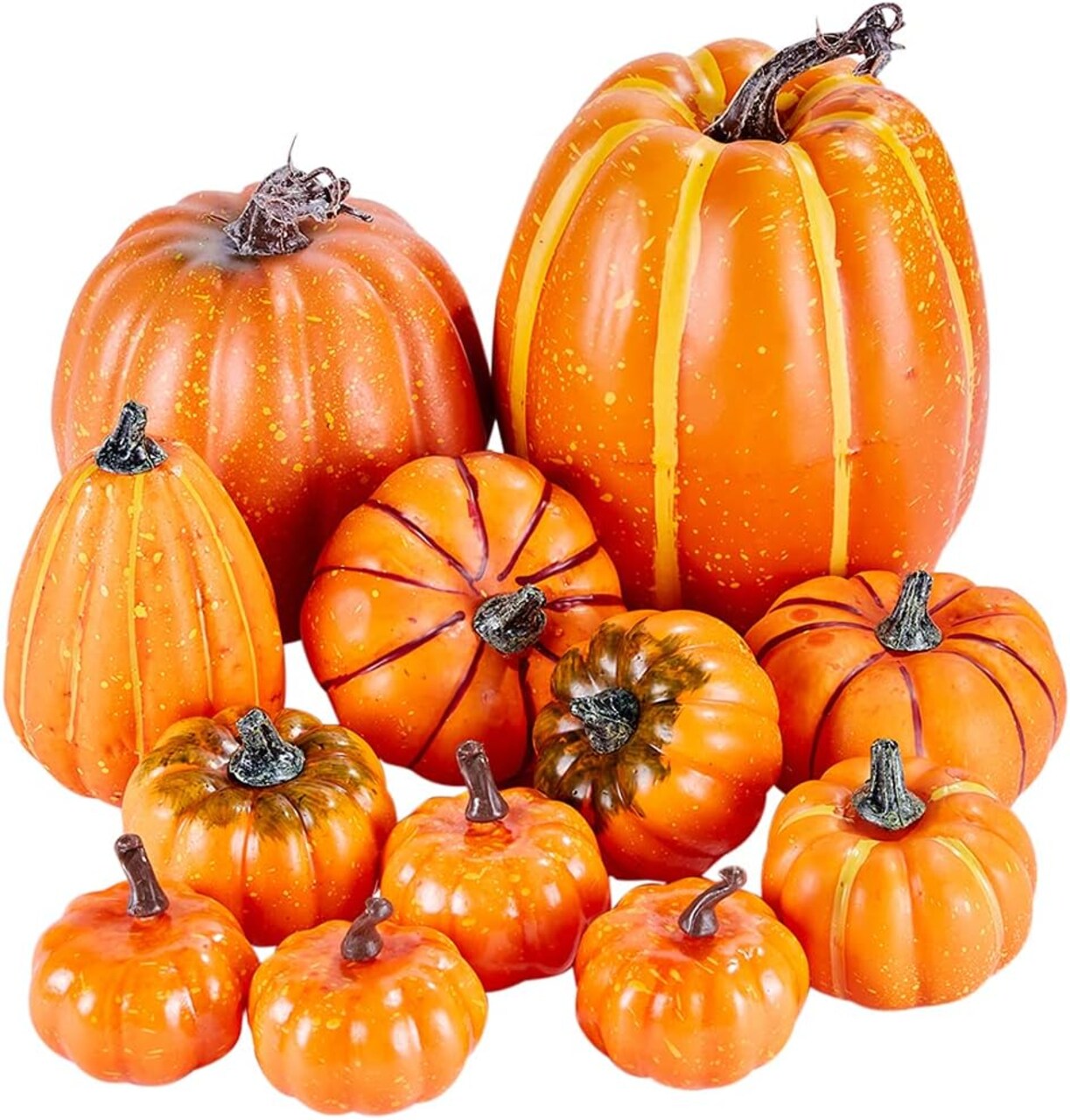 Twelve Different Sizes Large Faux Harvest Pumpkins with Artificial Orange Color for Fall, Thanksgiving, Halloween, and Seasonal Holiday Decoration